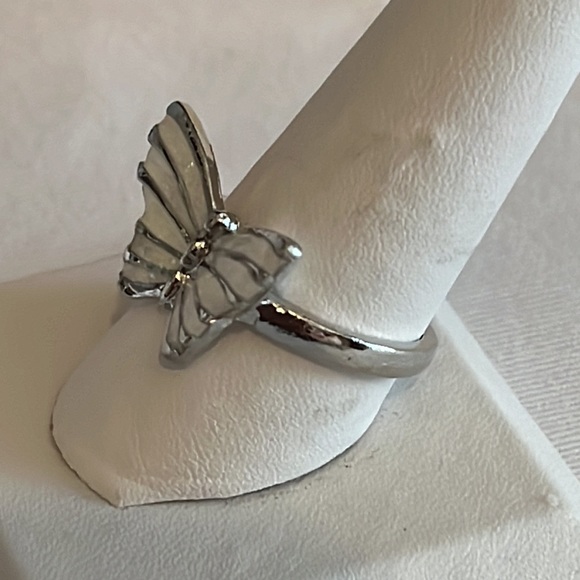Silver Tone & White Enamel Butterfly Ring, 10 - Picture 3 of 3